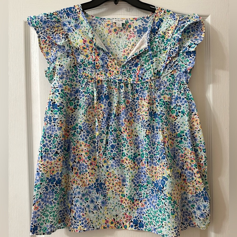 J. Crew Factory Floral Ruffle Blouse - Blue, Green, Orange